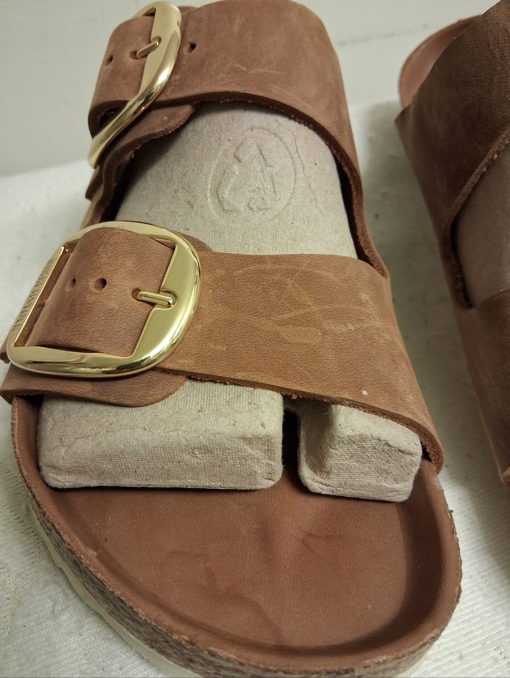Unisex Double Gold Buckle Brown Leather Slide Sandals 39 250 L8 M6 German Made - Picture 3 of 16